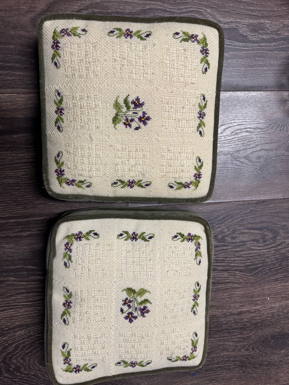 Hand-Embroidered Floral Accent Pillow Pair - Cream and Olive